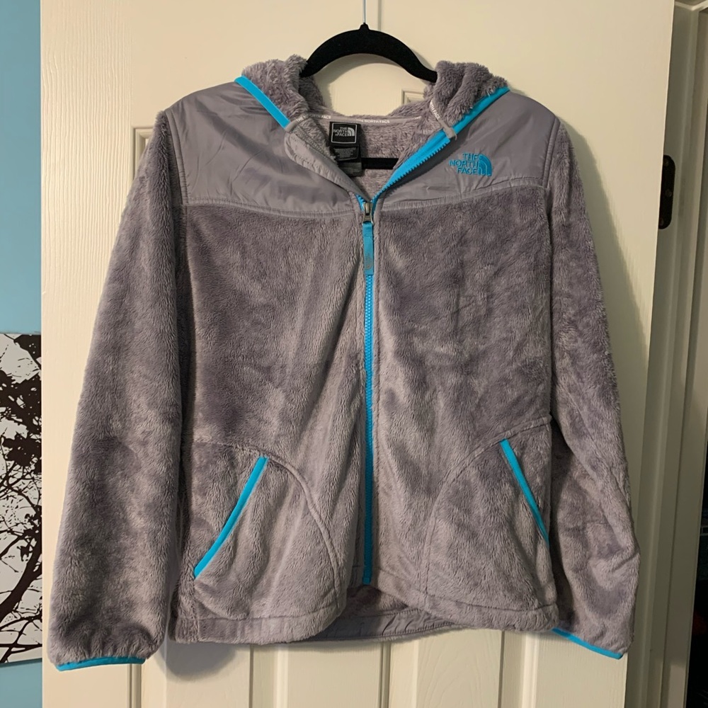grey north face jacket with blue lining